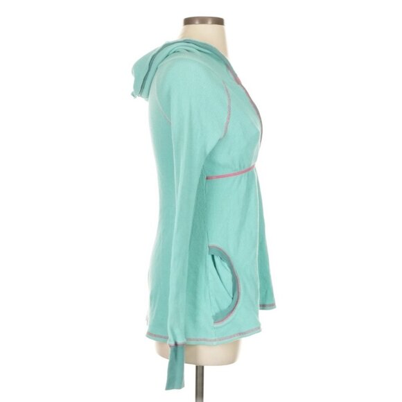 RARE Vtg Free People Hooded Waffle Knit Thermal • Boho Y2K Babydoll Teal Grunge - Picture 6 of 11